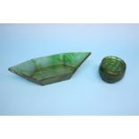 A Davidsons green cloud glass boat shaped dish; a small Davidsons green cloud glass circular