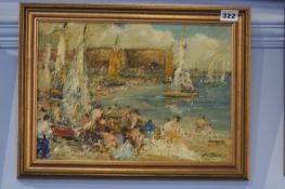 Frank Burke  Oil on board  Signed  "Sunbathers on a north east beach with sailing dinghies"  25 cm x