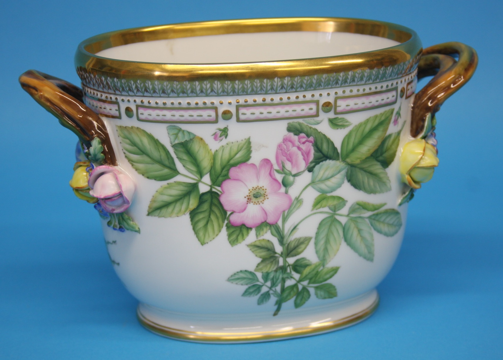 A modern Royal Copenhagen Flora Danica "Rosa Pomifera Herm" pattern wine cooler, green printed mark, - Image 3 of 4