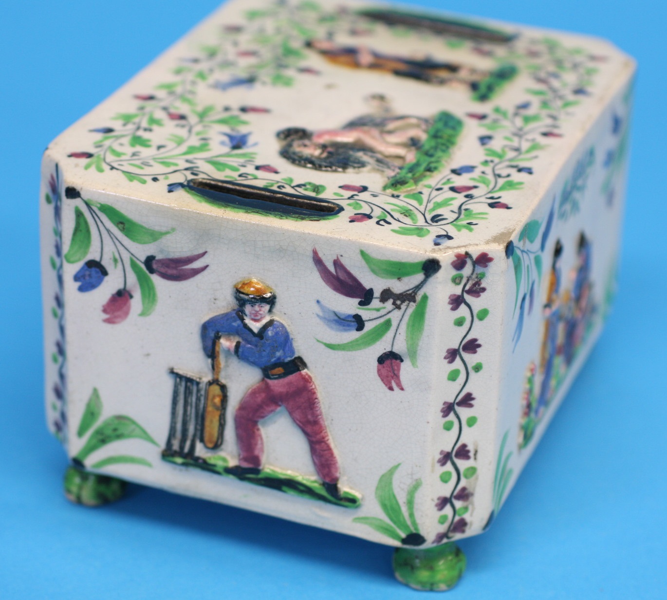 A Victorian pottery money box, each end decorated with cricketing batsmen, the top, front and back - Image 2 of 3