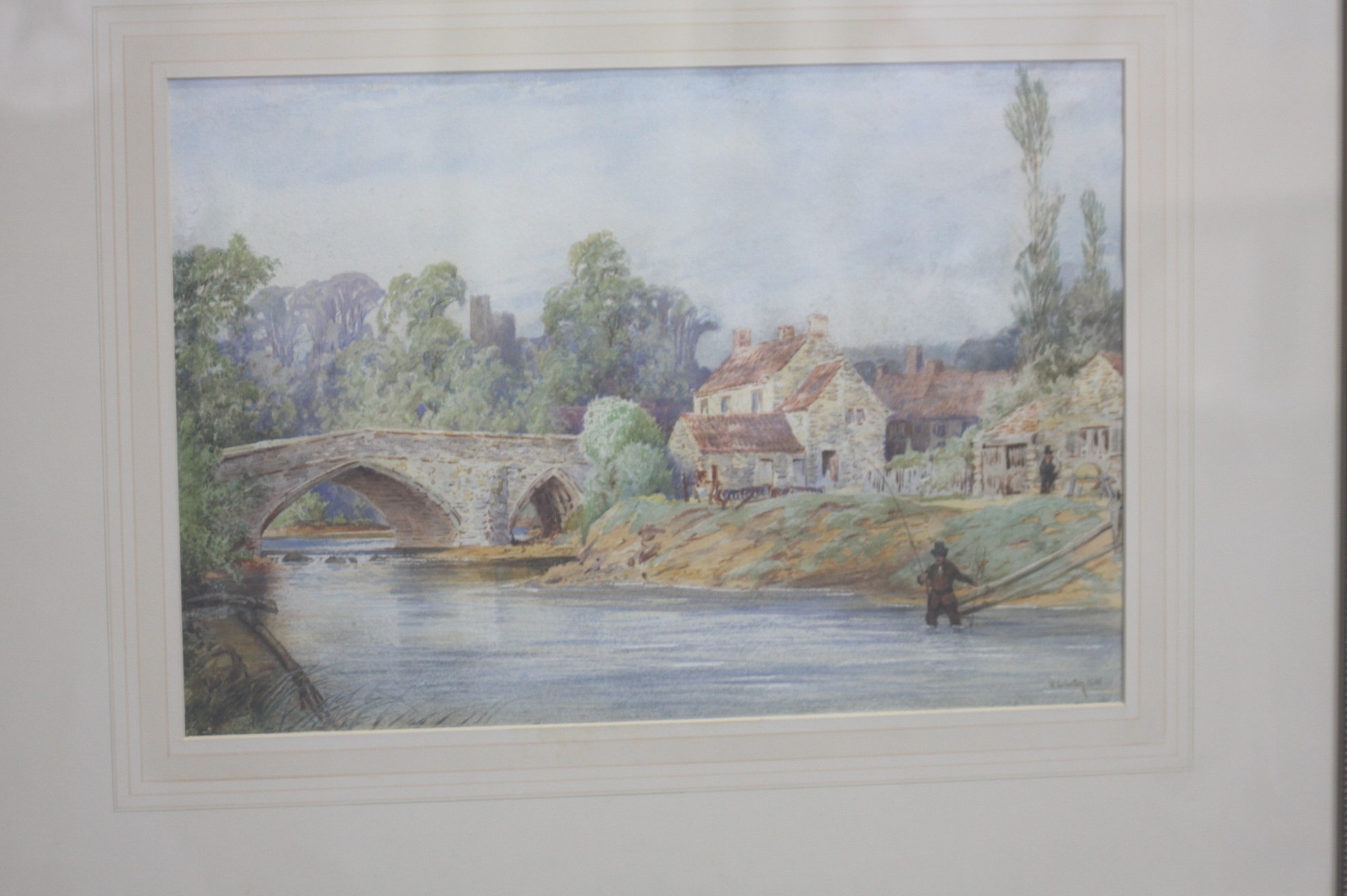 William Leighton Leach  1804-1883  Signed  Dated 1866  "Rural setting with gentleman fishing"  28 cm