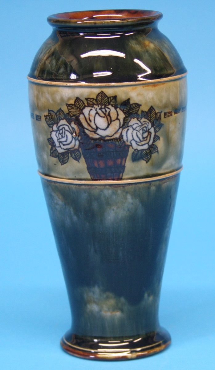 A Royal Doulton Stoneware vase of tapering form decorated with baskets of flowers, impressed marks - Image 3 of 5