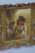 Continental School  Oil on canvas  Unsigned  "Portrait of two ladies, one holding a bouquet of