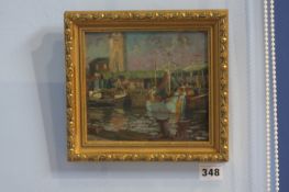 Walter Holmes  (1936)  Oil on board  Signed  "North Shields Fish Quay"  15 cm x 16 cm