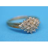 A 9ct gold cluster ring set with 25 diamonds, total approx. 0.5 carat.  Ring size R.