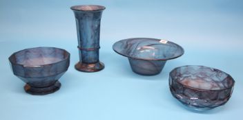 A Davidson blue cloud glass spill vase and three Davidson glass bowls. (4)