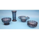 A Davidson blue cloud glass spill vase and three Davidson glass bowls. (4)