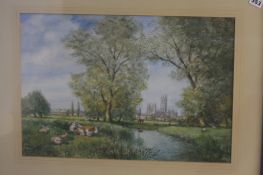 S J Toby Nash  1891-1960  Watercolour  Signed  "Canterbury Cathedral with river, cattle and
