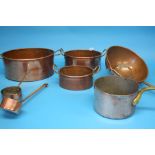 Two pairs of oval copper pans, a single oval copper pan, 2 saucepans, 3 serving ladles etc.