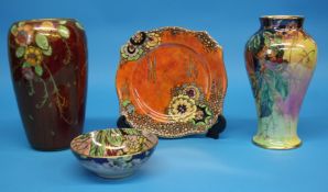 A Royal Winton Grimwades plate, a shallow circular bowl and two Royal Winton vases. (4)