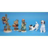 Two Royal Doulton dogs HN1099 and HN2654 and three Hummel figures. (5)
