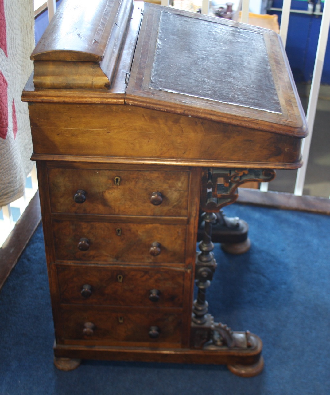 A Victorian walnut Davenport with domed and rising top, four frieze drawers and platform base with - Image 3 of 4