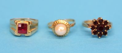 Three 9ct gold rings, a garnet cluster ring, a pearl set and a facet cut garnet.  Ring sizes M, M