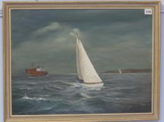 John Hamilton  1919-1993  Oil on board  Signed  "Seascape with Gypsy Moth IV"  (Bears label to