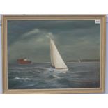 John Hamilton  1919-1993  Oil on board  Signed  "Seascape with Gypsy Moth IV"  (Bears label to