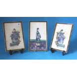 A set of three Oriental watercolours of figures painted on rice paper.  25cm x 15 cm and 23cm x 14cm