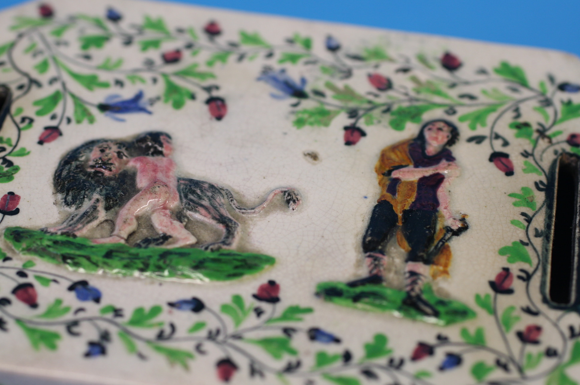 A Victorian pottery money box, each end decorated with cricketing batsmen, the top, front and back - Image 3 of 3