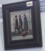 Follower of L.S. Lowry, 'Three figures in a street', oil on card, bears signature.  14 cm x 11.5 cm