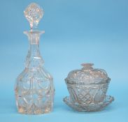 A Victorian cut glass decanter and a cut glass confiture and stand.