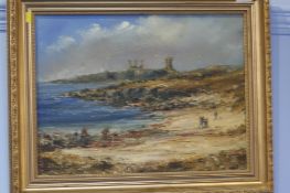 Frank Burke  Oil on canvas  Signed  "View of Dunstanburgh Castle from the shoreline"  30 cm x 40 cm