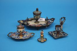 A collection of French cloisonne enamel decorated items to include an inkwell, pen and ink stand and