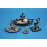 A collection of French cloisonne enamel decorated items to include an inkwell, pen and ink stand and