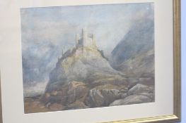 Watercolour  Unsigned  "Mountainous landscape with castle ruins"  35 cm x 46 cm