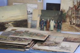 A collection of unframed watercolours to include Robert Jobling, Thomas Swift Hutton, T Mortimer,