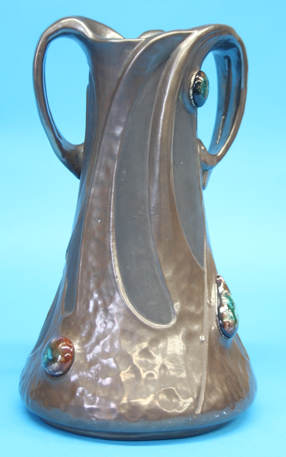 A Bretby Art Nouveau vase with moulded strapwork decoration in faux copper and cabachon style - Image 2 of 2