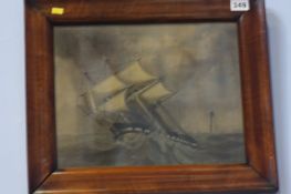 19th century English School  Oil on canvas  Unsigned  "Tall ship in stormy seas with lighthouse in