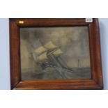 19th century English School  Oil on canvas  Unsigned  "Tall ship in stormy seas with lighthouse in