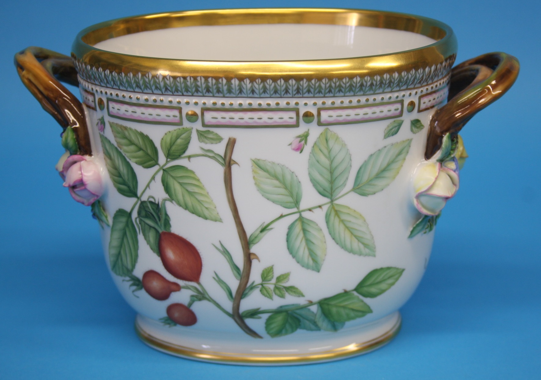 A modern Royal Copenhagen Flora Danica "Rosa Pomifera Herm" pattern wine cooler, green printed mark,