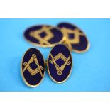 A pair of 9ct gold Masonic cuff links set with blue enamels, Birmingham 1970.  Weight 9.3 grams