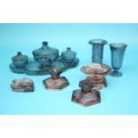 A Davidson blue cloud glass dressing table set, five purple candlesticks, three spill vases, a heart