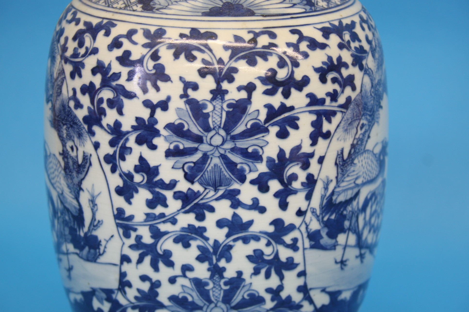 A Chinese blue and white vase decorated with birds and flowers.  43 cm high. - Image 3 of 6