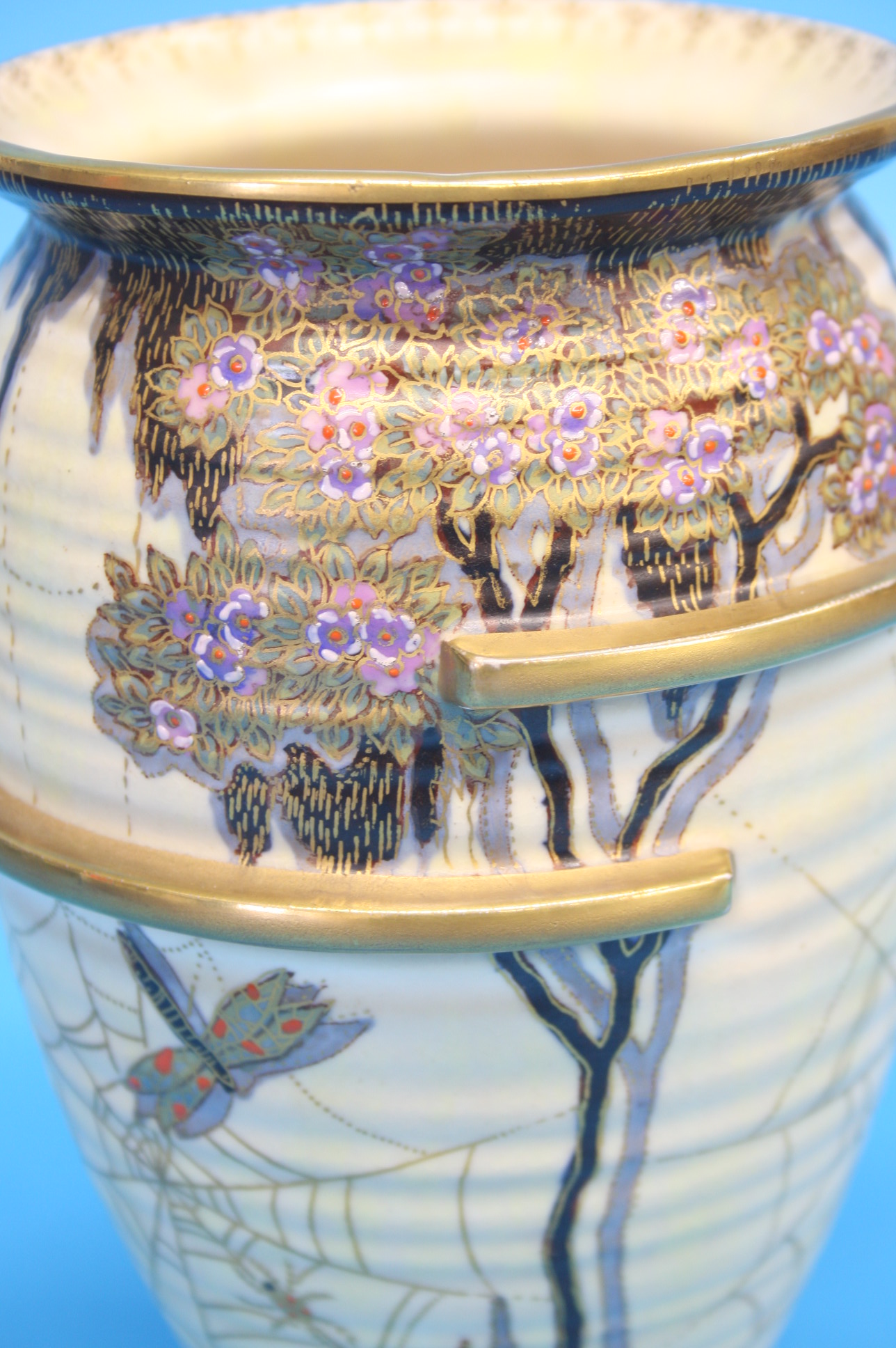 A Crown Devon Fielding vase decorated with spider and spiders web, dragonflies and colourful - Image 2 of 3