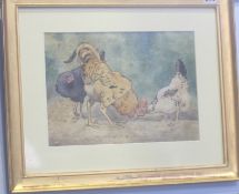 G J Muckle  Watercolour  "Favouritism"  Cockerel with chickens  (Bears label to verso)  24 cm x 34