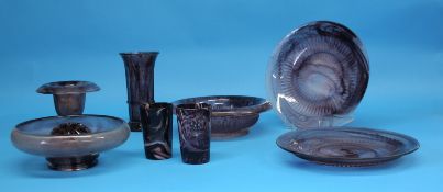 Two Sowerby glass malachite beakers, two Davidson purple cloud glass plates, two bowls, a spill vase