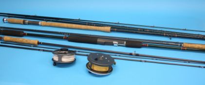 Fishing rods and reels to include Hardy Marquis salmon No.2 and a Greys GRX #7/8 reels (2).  Rods