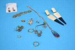 Ten pairs of earrings, various, a Sterling silver pendant and an Indian coin bracelet.