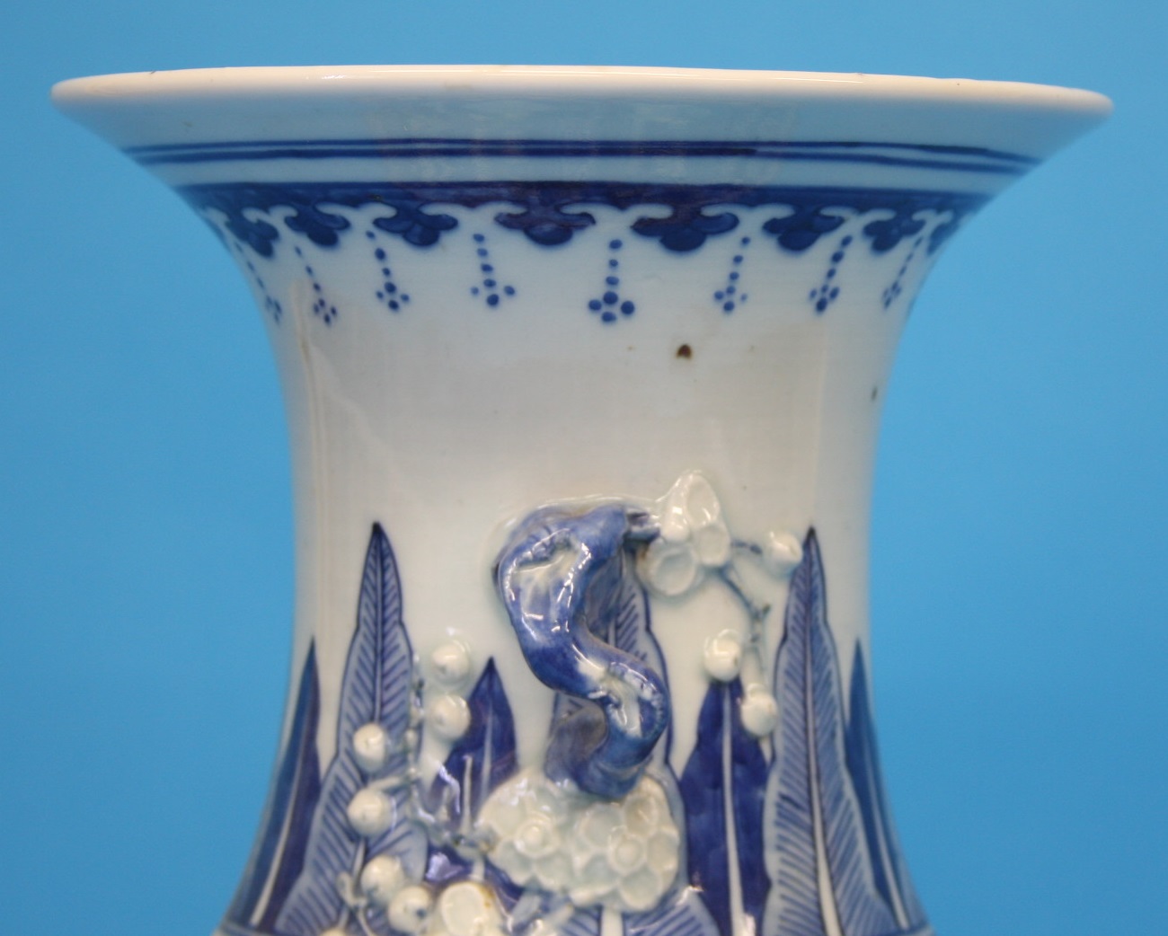 A Chinese blue and white vase decorated with birds and flowers.  43 cm high. - Image 5 of 6