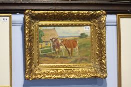 Axel Hanson  1913-1976  Oil on board  Signed  "Cows by a farm"  22 cm x 30 cm