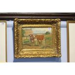 Axel Hanson  1913-1976  Oil on board  Signed  "Cows by a farm"  22 cm x 30 cm