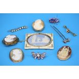 Four yellow metal hair clips, an amethyst coloured beetle brooch, four various cameos and a Wedgwood