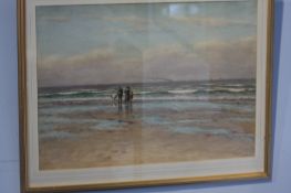 Dixon Clark  1849-1944  Watercolour  Signed  "Family walking along a beach with steamship in the