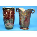 A Crown Devon pheasant pattern vase on a red ground and a Crown Devon spill vase decorated with