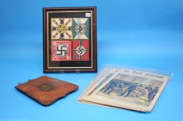 A leather Royal Artillery Sabretache, a collection of small Nazi emblems framed and seventeen copies