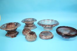 Four various Davidson purple cloud glass circular pedestal bowls.