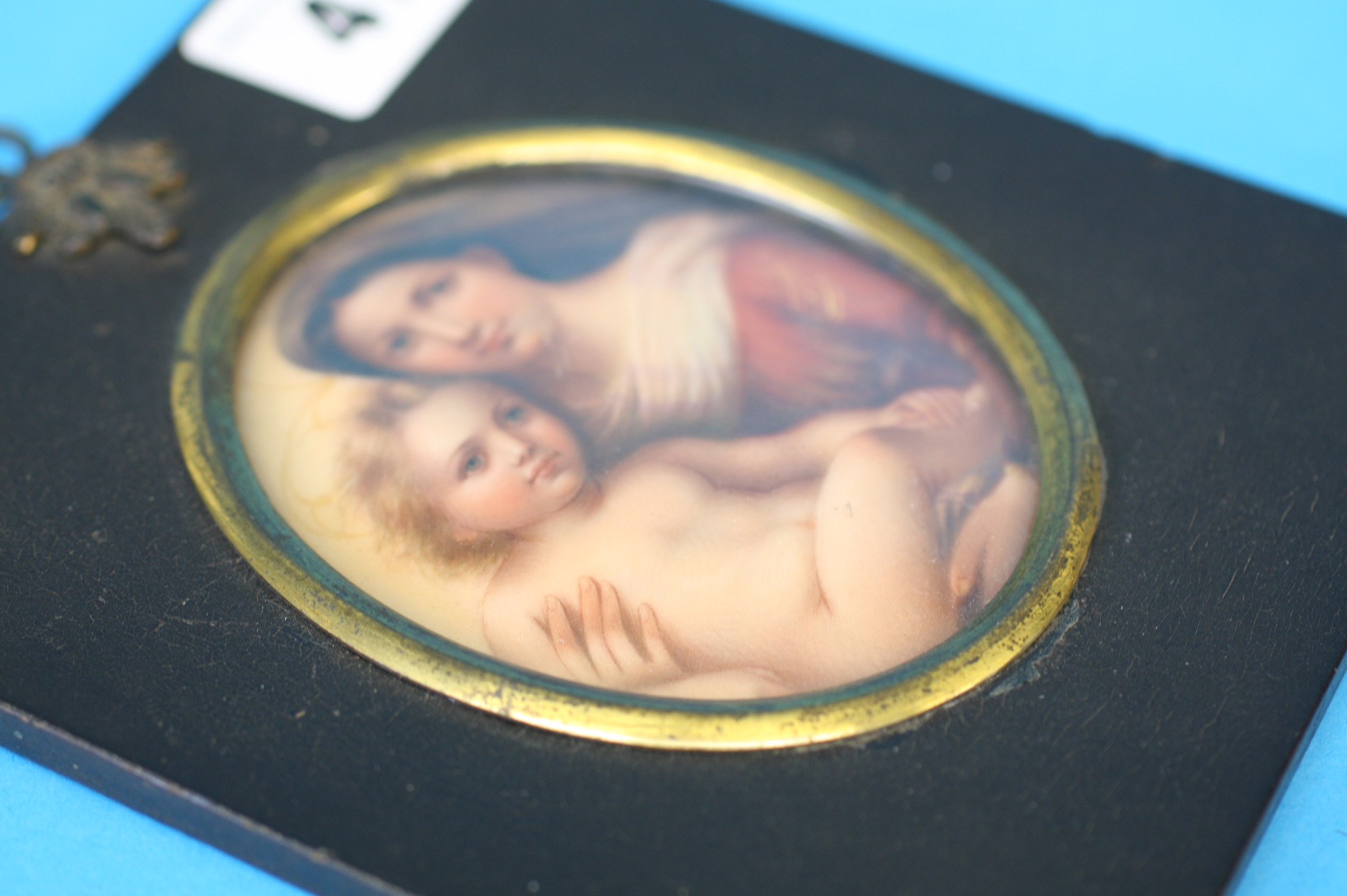 A framed porcelain Limoges plaque depicting a Woman and Child, Signed in ink to verso 'Vigee Le Brun - Image 2 of 2