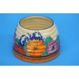 A Clarice Cliff Bizarre 'Gayday' pattern beehive shape honey pot (no cover), black printed mark.